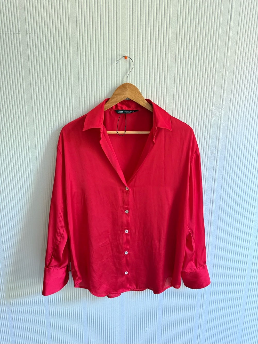 Zara Bright Red Satin Button-Down Shirt